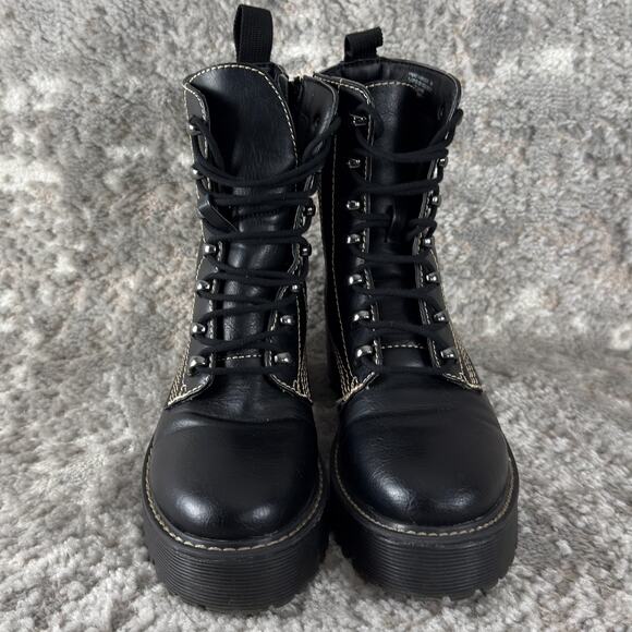Madden Girl Size 7M Hawke Faux Leather Lace Up Combat Boots Black Block Walking - Picture 2 of 10